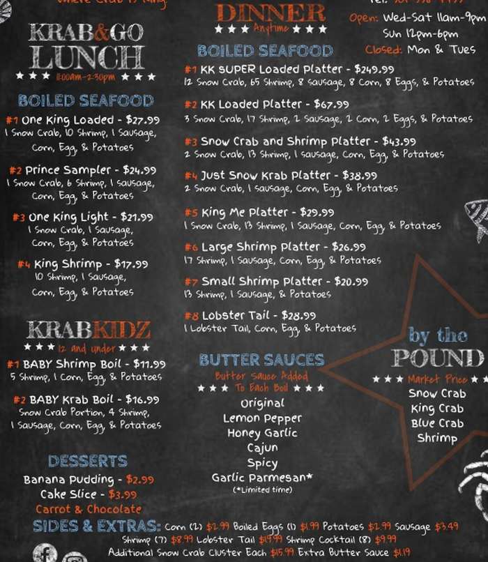 Page 1 of menu, Krab Kingz Seafood Conway, AR