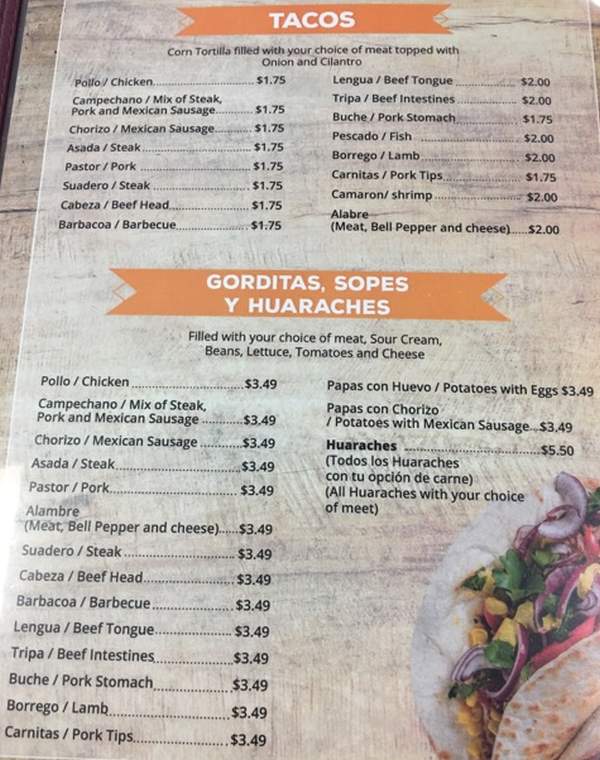 Page 1 of menu, Los Gallos Taqueria & Birria Conway, AR