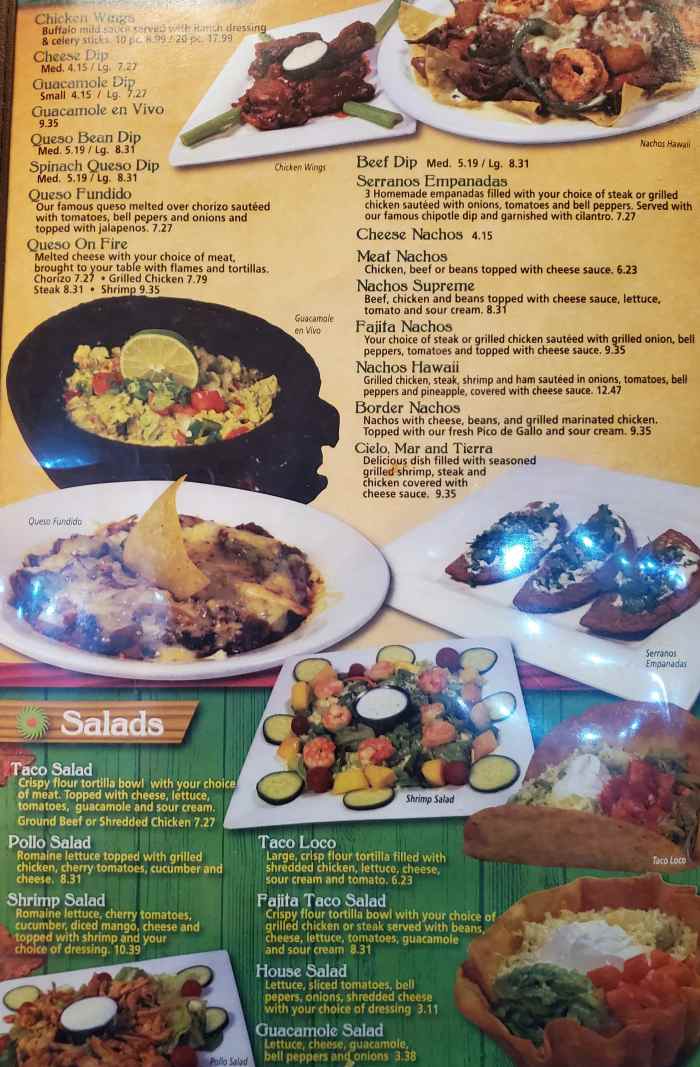 Page 1 of menu, Serranos Mexican Grill Conway, AR