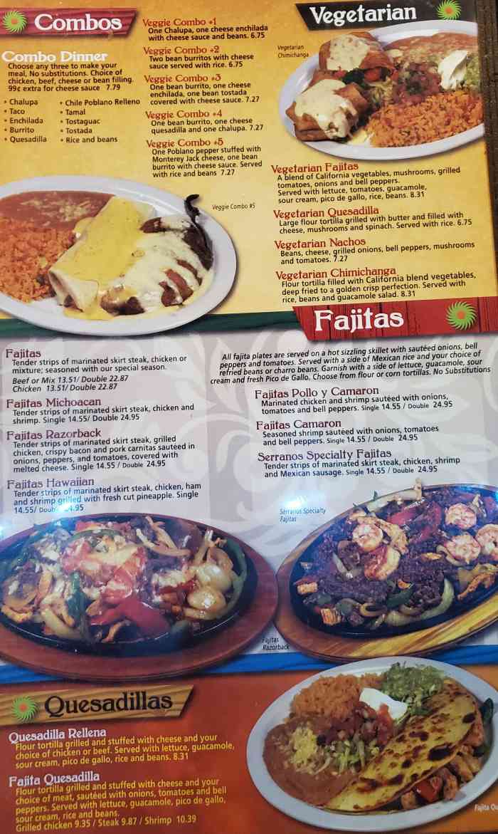 Page 2 of menu, Serranos Mexican Grill Conway, AR