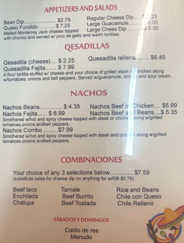 Page 1 of menu, Taqueria La Estrella Conway, AR