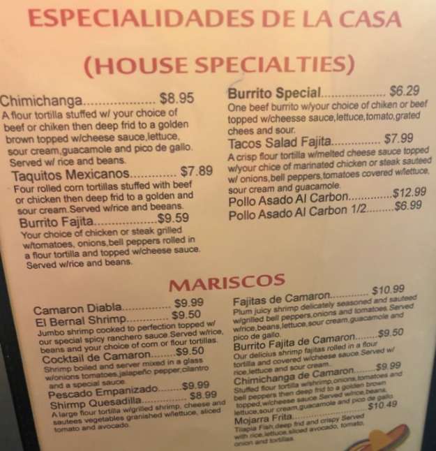 Page 3 of menu, Taqueria La Estrella Conway, AR