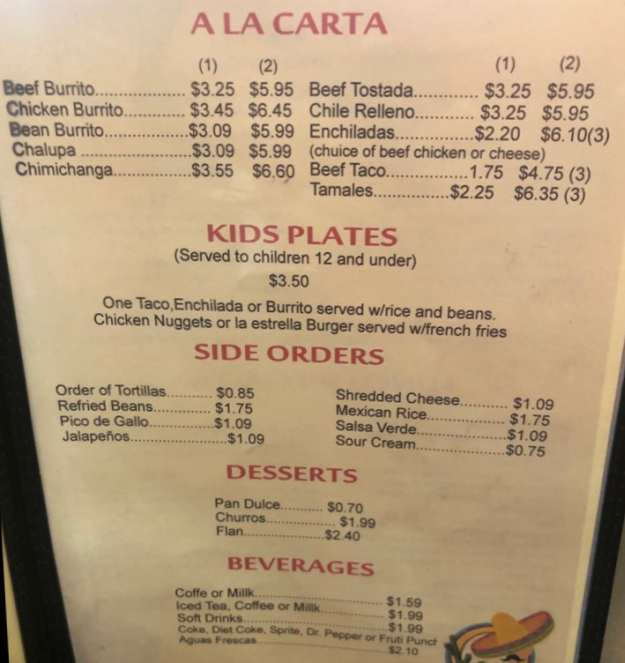 Page 4 of menu, Taqueria La Estrella Conway, AR